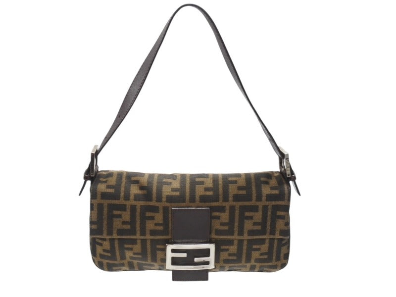 極美品 FENDI フェンディ マンマバケット ワンショルダーバッグ 26424 ズッカ柄 キャンバス レザー ブラウン シルバー金具 中古 4b007319