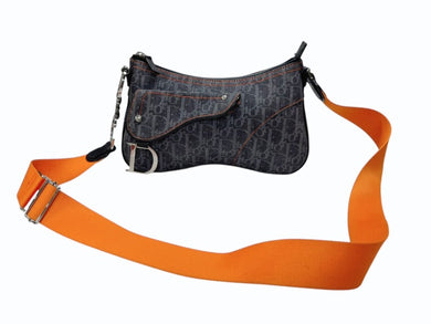 極美品 Christian Dior クリスチャンディオール ショルダーバッグ トロッター キャンバス ネイビー オレンジ シルバー金具 中古 4b007326
