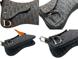 極美品 Christian Dior クリスチャンディオール ショルダーバッグ トロッター キャンバス ネイビー オレンジ シルバー金具 中古 4b007326