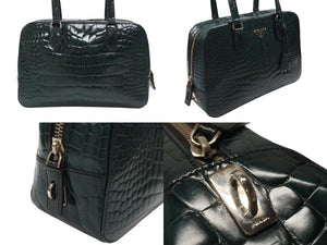 極美品 PRADA プラダ ハンドバッグ トートバッグ トライアングルロゴ クロコダイル型押しレザー グリーン シルバー金具 中古 4b007331