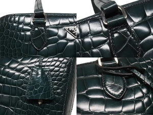 極美品 PRADA プラダ ハンドバッグ トートバッグ トライアングルロゴ クロコダイル型押しレザー グリーン シルバー金具 中古 4b007331