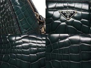 極美品 PRADA プラダ ハンドバッグ トートバッグ トライアングルロゴ クロコダイル型押しレザー グリーン シルバー金具 中古 4b007331