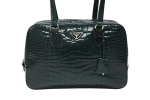 極美品 PRADA プラダ ハンドバッグ トートバッグ トライアングルロゴ クロコダイル型押しレザー グリーン シルバー金具 中古 4b007331