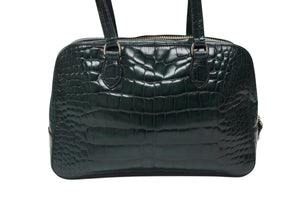 極美品 PRADA プラダ ハンドバッグ トートバッグ トライアングルロゴ クロコダイル型押しレザー グリーン シルバー金具 中古 4b007331