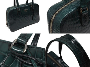 極美品 PRADA プラダ ハンドバッグ トートバッグ トライアングルロゴ クロコダイル型押しレザー グリーン シルバー金具 中古 4b007331