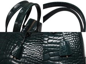 極美品 PRADA プラダ ハンドバッグ トートバッグ トライアングルロゴ クロコダイル型押しレザー グリーン シルバー金具 中古 4b007331