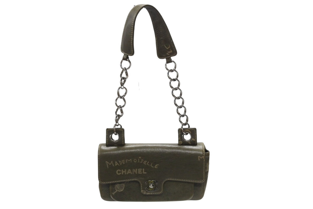 極美品 CHANEL シャネル クルーズライン ワンショルダーバッグ 8番台 ココマーク カーフスキン オリーブ シルバー金具 中古 4b007332