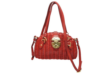 美品 MIUMIU ミュウミュウ ストロー 2WAYバッグ ハンドバッグ ショルダーバッグ 5BB075 ストロー レッド ゴールド金具 中古 4b007333