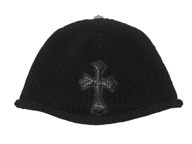 極美品 CHROME HEARTS クロムハーツ クロスパッチ ニットキャップ ビーニー カシミヤ レザー シルバー925 ブラック 中古 4b007354