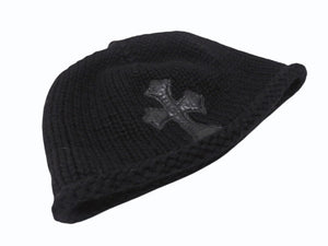 極美品 CHROME HEARTS クロムハーツ クロスパッチ ニットキャップ ビーニー カシミヤ レザー シルバー925 ブラック 中古 4b007354
