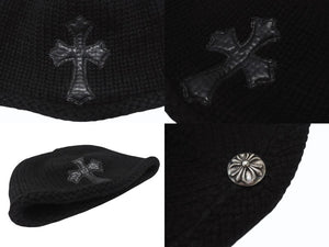 極美品 CHROME HEARTS クロムハーツ クロスパッチ ニットキャップ ビーニー カシミヤ レザー シルバー925 ブラック 中古 4b007354