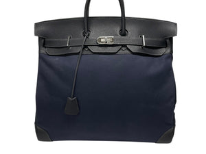 極美品 HERMES エルメス ハンドバッグ オータクロア50 ネイビー×ブラック トワルキャントゴ シルバー金具 ◽︎I刻印 中古 4b007363