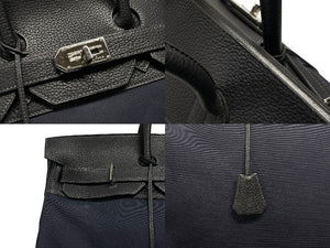 極美品 HERMES エルメス ハンドバッグ オータクロア50 ネイビー×ブラック トワルキャントゴ シルバー金具 ◽︎I刻印 中古 4b007363