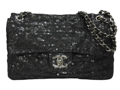 極美品 CHANEL シャネル デカマトラッセ32 Sフラップ Wチェーンショルダーバッグ 12番台 ココマーク スパンコール シルバー金具 中古 4b007366
