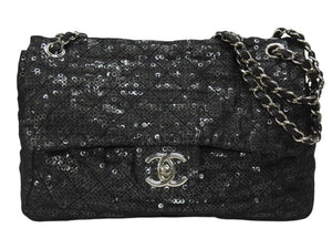 極美品 CHANEL シャネル デカマトラッセ32 Sフラップ Wチェーンショルダーバッグ 12番台 ココマーク スパンコール シルバー金具 中古 4b007366