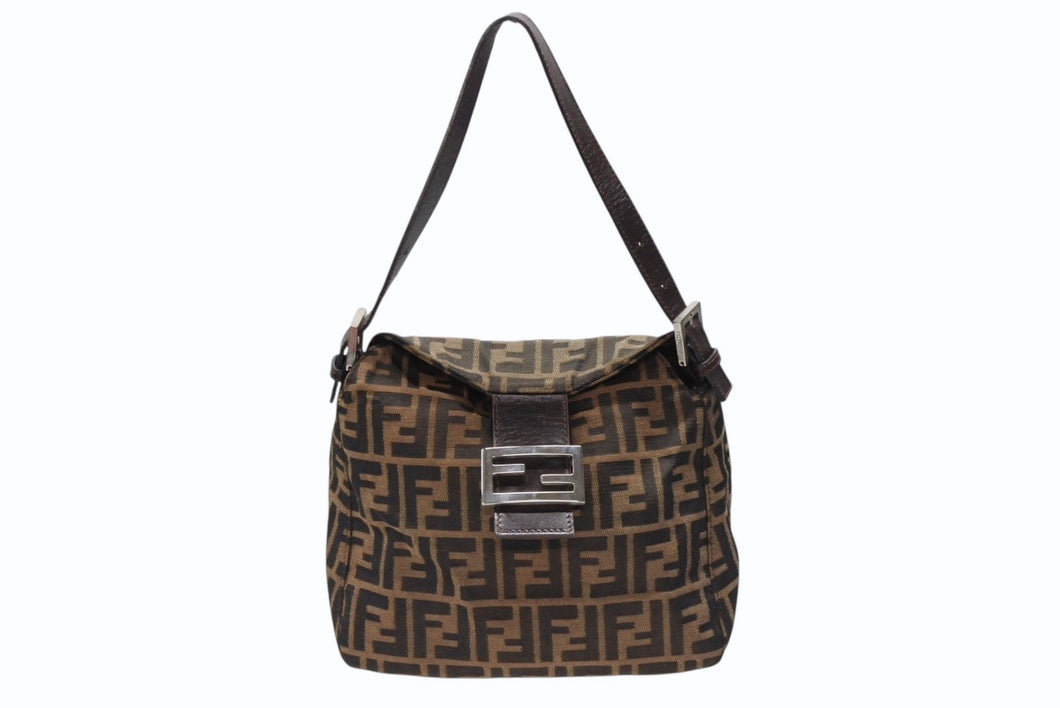 FENDI フェンディ マンマバケット ワンショルダーバッグ ズッカ柄 キャンバス レザー ブラウン シルバー金具 美品 中古 4b007932