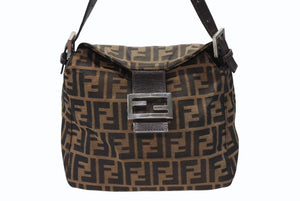 FENDI フェンディ マンマバケット ワンショルダーバッグ ズッカ柄 キャンバス レザー ブラウン シルバー金具 美品 中古 4b007932