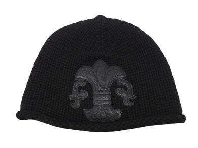 極美品 CHROME HEARTS クロムハーツ BSフレア レザーパッチ ニットキャップ BSフレア ボタン ビーニー カシミヤ ブラック ONE SIZE 中古 4b007395