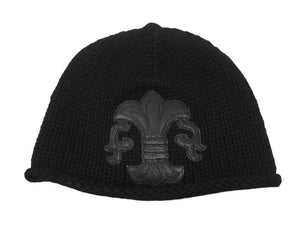 極美品 CHROME HEARTS クロムハーツ BSフレア レザーパッチ ニットキャップ BSフレア ボタン ビーニー カシミヤ ブラック ONE SIZE 中古 4b007395
