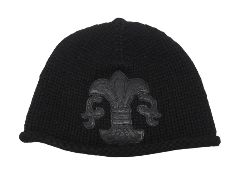 極美品 CHROME HEARTS クロムハーツ BSフレア レザーパッチ ニットキャップ BSフレア ボタン ビーニー カシミヤ ブラック ONE SIZE 中古 4b007395