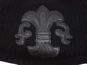 極美品 CHROME HEARTS クロムハーツ BSフレア レザーパッチ ニットキャップ BSフレア ボタン ビーニー カシミヤ ブラック ONE SIZE 中古 4b007395