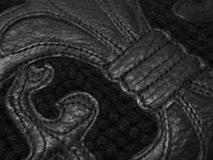 極美品 CHROME HEARTS クロムハーツ BSフレア レザーパッチ ニットキャップ BSフレア ボタン ビーニー カシミヤ ブラック ONE SIZE 中古 4b007395