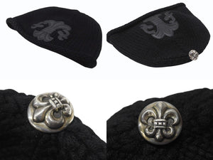 極美品 CHROME HEARTS クロムハーツ BSフレア レザーパッチ ニットキャップ BSフレア ボタン ビーニー カシミヤ ブラック ONE SIZE 中古 4b007395