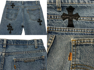 極美品 CHROME HEARTS クロムハーツ LEVI'S 517 リーバイス 517 セメタリークロスパッチデニム ジーンズ サイズ32 15パッチ 中古 4b007406