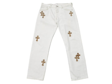 極美品 CHROME HEARTS クロムハーツ LEVI'S リーバイス 501 クロスパッチデニム ジーンズ サイズ32 レオパード ハラコ 15パッチ 中古 4b007407