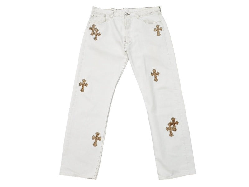 極美品 CHROME HEARTS クロムハーツ LEVI'S リーバイス 501 クロスパッチデニム ジーンズ サイズ32 レオパード ハラコ 15パッチ 中古 4b007407