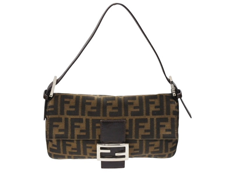 極美品 FENDI フェンディ マンマバケット ワンショルダーバッグ 26424 ズッカ柄 キャンバス レザー ブラウン シルバー金具 中古 4b007444