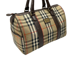 BURBERRY バーバリー ノバチェック ミニボストンバッグ ベージュ ブラウン キャンバス レザー ゴールド金具 美品 中古 4b007468