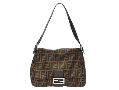 FENDI フェンディ マンマバケット ショルダーバッグ ズッカ柄 コットンキャンバス レザー ブラウン シルバー金具 美品 中古 4b007471