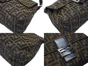 FENDI フェンディ マンマバケット ショルダーバッグ ズッカ柄 コットンキャンバス レザー ブラウン シルバー金具 美品 中古 4b007471