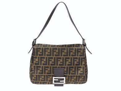FENDI フェンディ マンマバケット ショルダーバッグ ズッカ柄 コットンキャンバス レザー ブラウン シルバー金具 美品 中古 4b007472