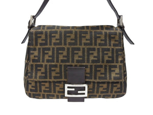 FENDI フェンディ マンマバケット ショルダーバッグ ズッカ柄 コットンキャンバス レザー ブラウン シルバー金具 美品 中古 4b007472