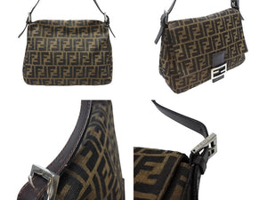 FENDI フェンディ マンマバケット ショルダーバッグ ズッカ柄 コットンキャンバス レザー ブラウン シルバー金具 美品 中古 4b007472