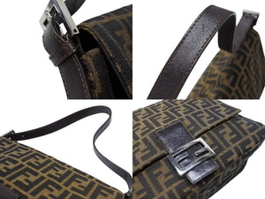 FENDI フェンディ マンマバケット ショルダーバッグ ズッカ柄 コットンキャンバス レザー ブラウン シルバー金具 美品 中古 4b007472