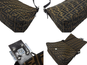 FENDI フェンディ マンマバケット ショルダーバッグ ズッカ柄 コットンキャンバス レザー ブラウン シルバー金具 美品 中古 4b007472