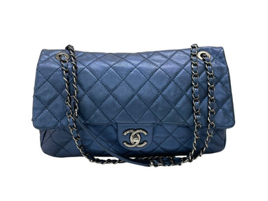 CHANEL シャネル Sフラップ Wチェーンショルダーバッグ 18番台 ココマーク キャビアスキン メタリックブルー 美品 中古 4b007489