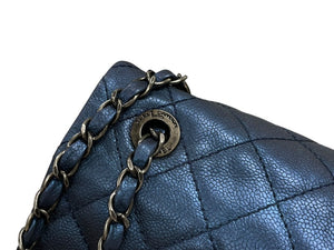 CHANEL シャネル Sフラップ Wチェーンショルダーバッグ 18番台 ココマーク キャビアスキン メタリックブルー 美品 中古 4b007489
