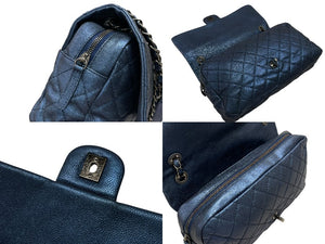CHANEL シャネル Sフラップ Wチェーンショルダーバッグ 18番台 ココマーク キャビアスキン メタリックブルー 美品 中古 4b007489