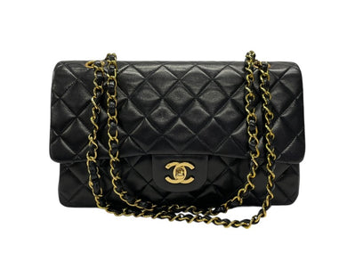 極美品 CHANEL シャネル マトラッセ25 Wフラップ Wチェーンショルダーバッグ 3番台 ラムスキン ココマーク ブラック ゴールド金具 中古 4b007492