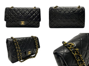 極美品 CHANEL シャネル マトラッセ25 Wフラップ Wチェーンショルダーバッグ 3番台 ラムスキン ココマーク ブラック ゴールド金具 中古 4b007492