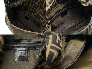 FENDI フェンディ マンマバケット ショルダーバッグ ズッカ柄 コットンキャンバス レザー ブラウン シルバー金具 美品 中古 4b007496