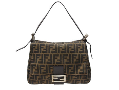 FENDI フェンディ マンマバケット ショルダーバッグ ズッカ柄 コットンキャンバス レザー ブラウン シルバー金具 美品 中古 4b007496