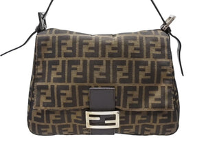 FENDI フェンディ マンマバケット ショルダーバッグ ズッカ柄 コットンキャンバス レザー ブラウン シルバー金具 美品 中古 4b007496