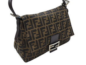 FENDI フェンディ マンマバケット ショルダーバッグ ズッカ柄 コットンキャンバス レザー ブラウン シルバー金具 美品 中古 4b007496