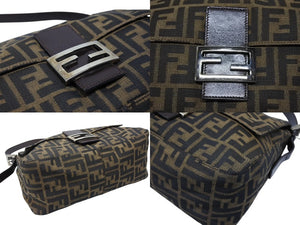 FENDI フェンディ マンマバケット ショルダーバッグ ズッカ柄 コットンキャンバス レザー ブラウン シルバー金具 美品 中古 4b007496