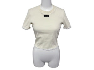 極美品 MIU MIU ミュウミュウ レース 装飾半袖 Tシャツ XS リブニット MJN580 ブランド ロゴ アイボリー コットン 中古 4b007529
